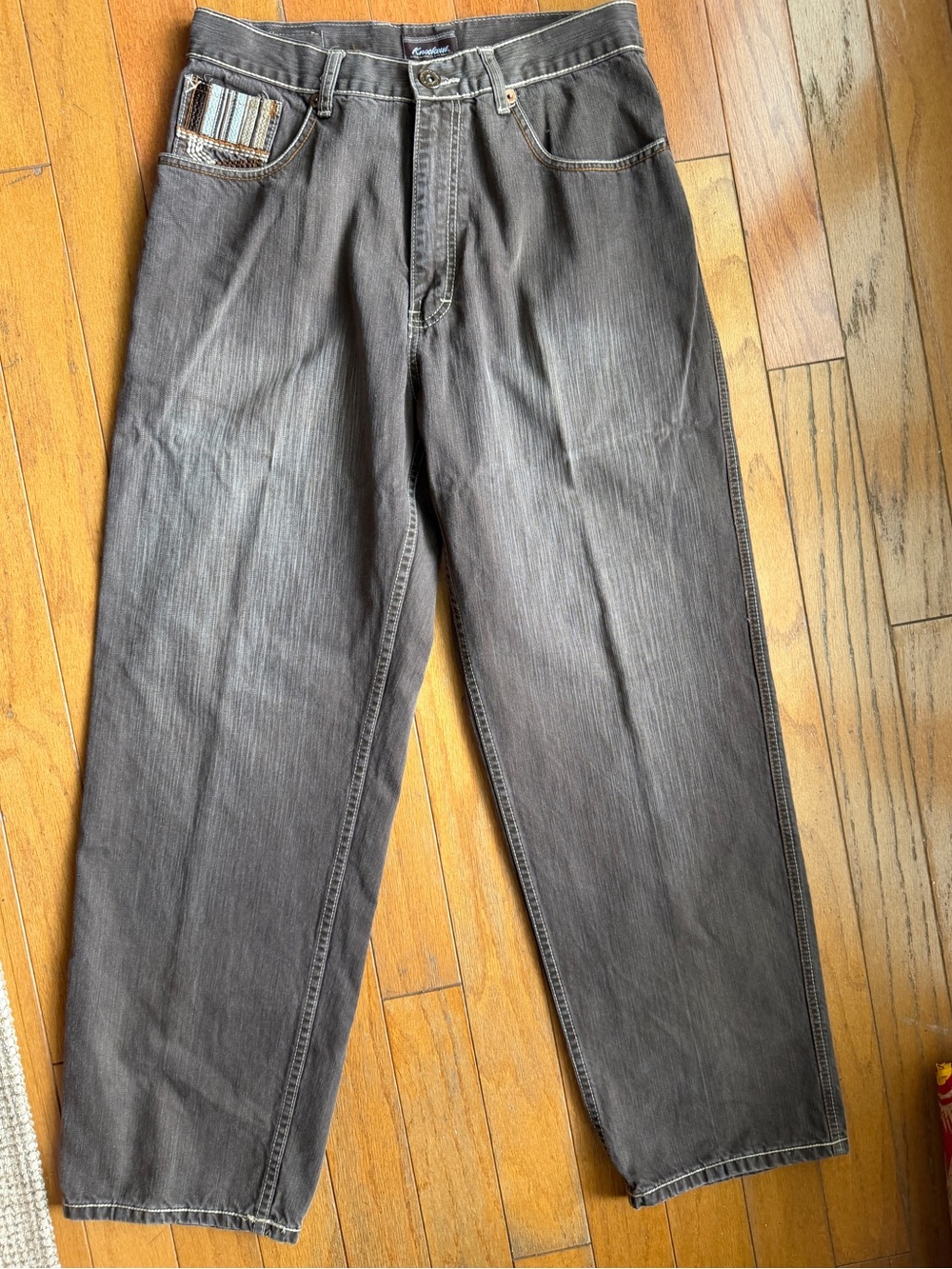 Knockout Brown Denim Jeans Embroidered Pockets Size 34 32 Hip Hop 100% Cotton